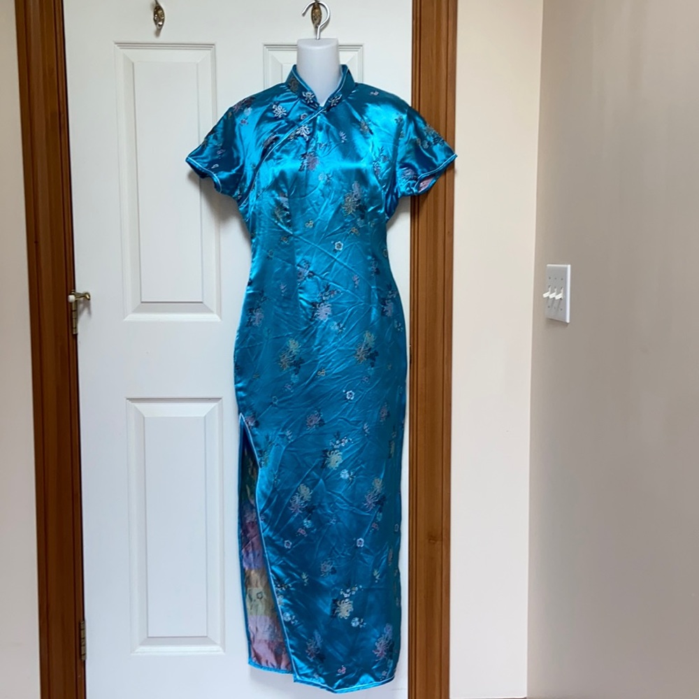 Chinese Cheongsam Dress Turquoise Satin Sz 40 (approx sz 12) L/XL Floor Length